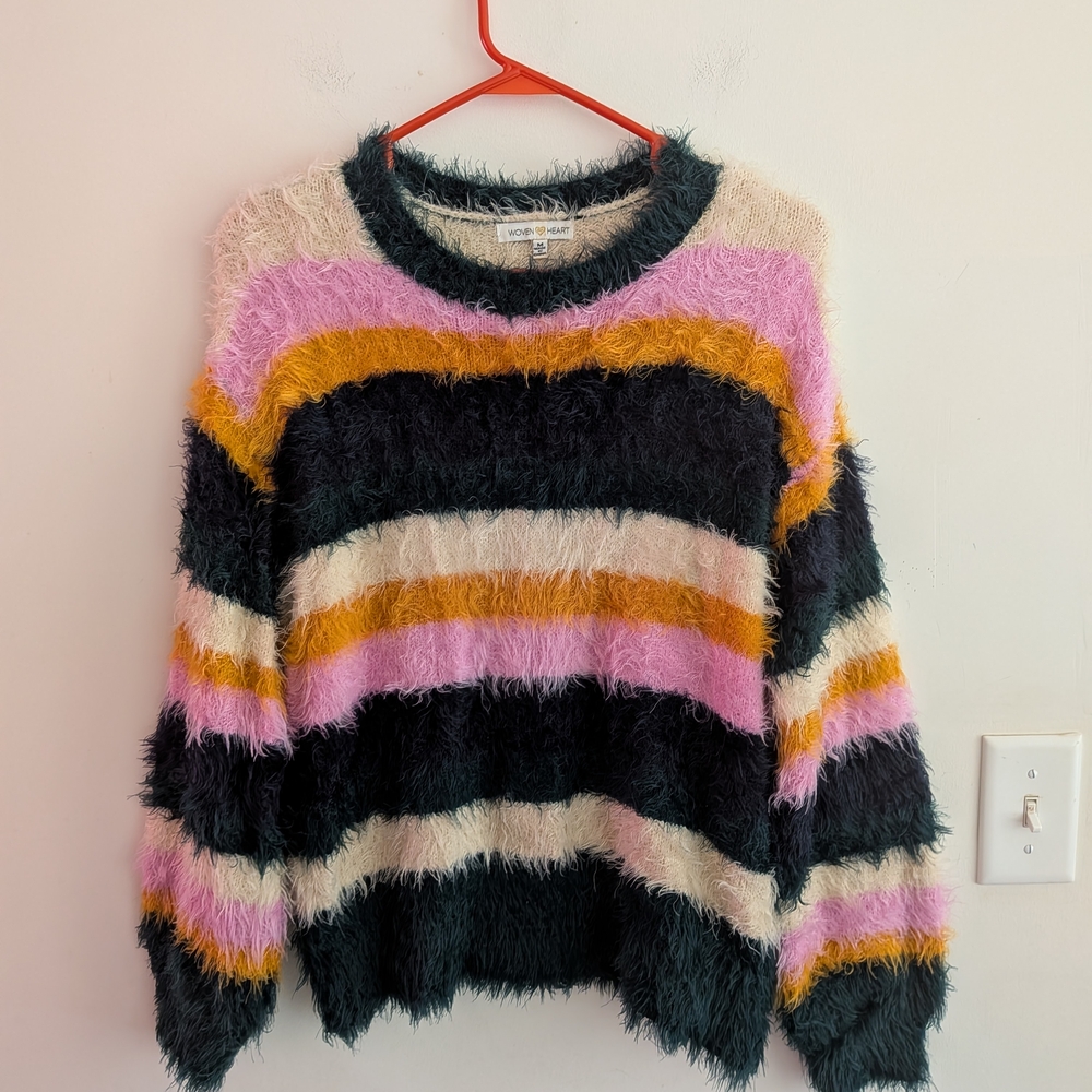 Woven Heart Colorful Striped Fuzzy Sweater, Size M